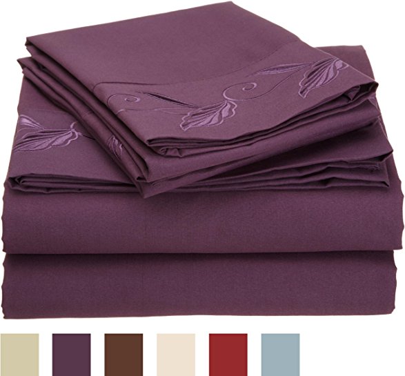 Cathay Home Fashions Luxury Silky Soft Leaf Design Embroidered Microfiber Queen Sheet Set, Plum
