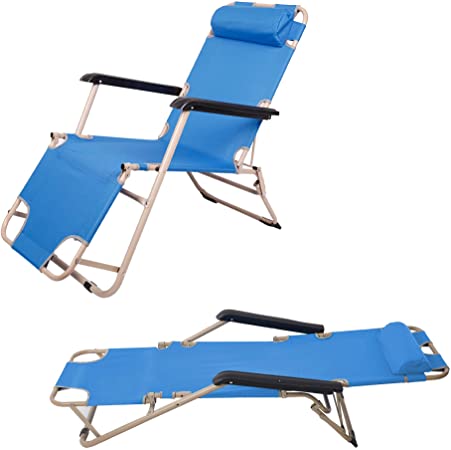 2 Pack Portable Lounge Chairs and Full Flat Cot 2 in 1, Folding Reclining Chairs for Outdoor Lawn Beach Pool Camping, 60" L x 19" W, Blue