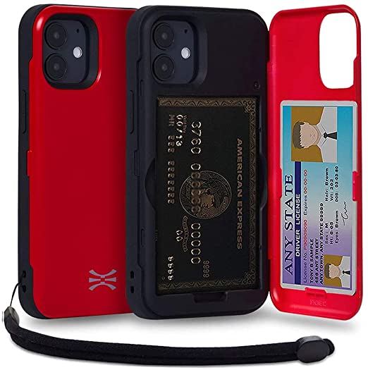 TORU CX PRO Compatible with iPhone 12 Mini Case - Protective Dual Layer Wallet with Hidden Card Holder   ID Card Slot Hard Cover, Strap & Mirror - Red
