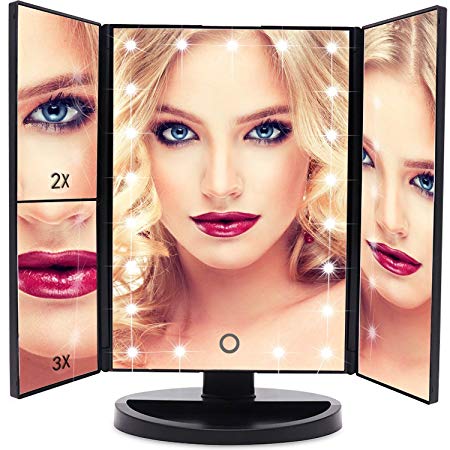 Vanity Mirror EmaxDesign 21 LED lighted Makeup Mirror With Magnification Trifold Touch Screen, USB Charging 180°Free Rotation Table Countertop Cosmetic Mirror (BLACK)