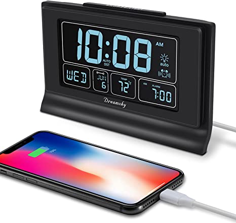 DreamSky Digital Alarm Clock with Backup Battery – Auto Set Alarm Clock with USB Port for Bedroom Bedsides, 6 Level Dimmer & Auto Dim, Indoor Temperature, Date, Weekday, Auto DST, Snooze, 12/24H