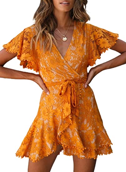 Dokotoo Women's Casual V Neck Short Sleeve Floral Print Mini Dress with Belt