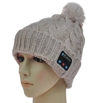 XIKEZAN Bluetooth Beanie Headset,Winter Warm Knitted Bobble Pom Beanie Ski Cap Hat Wireless Stereo Headphone Earphones Speaker for Music & Make/Answer Phone Call Light Pink