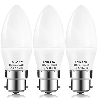 LOHAS® C37 5Watt B22 Bayonet LED Candle Bulbs, 40Watt Incandescent Bulb  Equivalent, Warm White 3000K, 480lm, Non Dimmable, Candle Light Bulbs, Pack of 3 Units