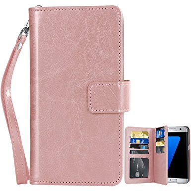 Galaxy S7 Edge Case, Galaxy S7 Edge Wallet Case, BENTOBEN Wallet Faux Leather Protective Magnetic Folio Flip Cover Credit Card Slots Cash Holder Wristlet Case for Samsung Galaxy S7 Edge, Rose Gold