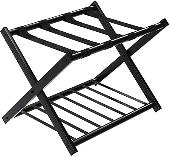 GOFLAME Folding Luggage Rack Metal Suitcase Luggage Stand for Home Bedroom Hotel with Shelf,Black