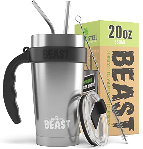 BEAST 20 oz Stainless Steel Tumbler Set with Handle - Stainless Steel Coffee Cup   2 Straws Brush, Gift Box & Black Handle