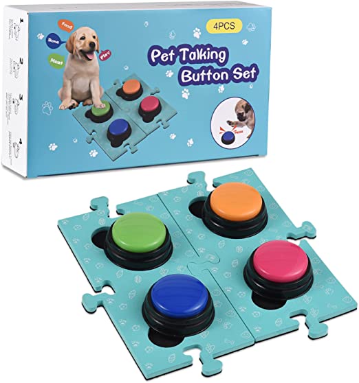 Dog Talking Button for Communication, 4PCS Dog Buzzer with Fixing Holder, 30 Seconds Voice Recording, Recordable Answering Buttons