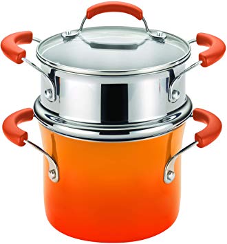 Rachael Ray Classic Brights Hard Enamel Nonstick 3-Quart Covered Steamer Set, Orange Gradient