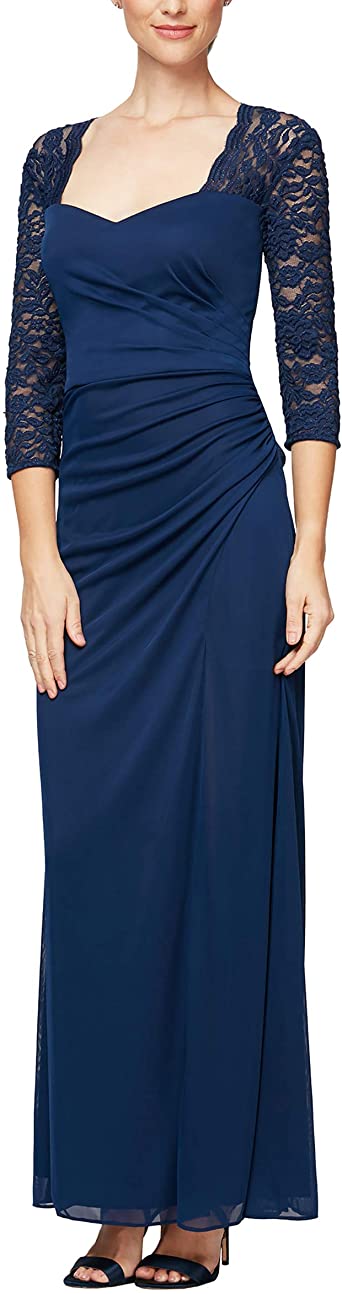 Alex Evenings Women's Long A Line Illusion Sweetheart Neck Dress (Petite and Regular)