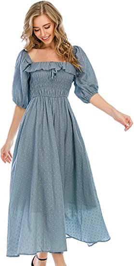 R.Vivimos Women Summer Half Sleeve Cotton Ruffled Vintage Elegant Backless A Line Flowy Long Dresses