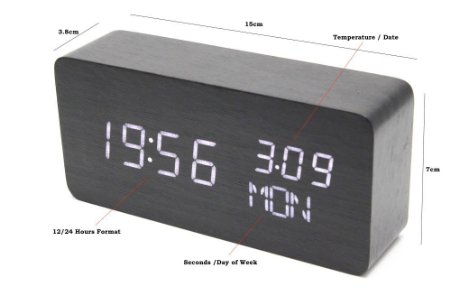 White LED Wood Grain Timber Digital Alarm Clock 3 Display Modes 12/24 Time Hour/Min/Sec Day/Week Date/Month Temperature(°C) Thermometer Voice Control Power by 4xAAA Battery or USB Charger (White LED)