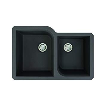 Transolid RUDO3120-09 Radius 31.75-in x 20.75-in x 9.5-in Granite 1-3/4 Offset Double Undermount Kitchen Sink, Black