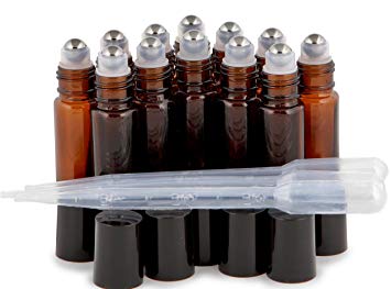 Vivaplex, 12, Amber, 10 ml Glass Roll-on Bottles with Stainless Steel Roller Balls. 3-3 ml Droppers included