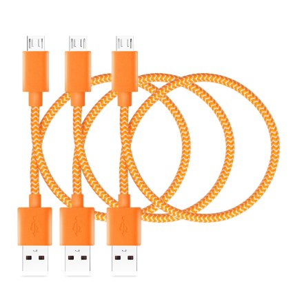 iSeeker Bundle of 3 Durable 1ft/30cm Nylon Braided Tangle-Free Micro USB Cable for Android, Samsung, HTC, Motorola, Nokia and More (1ft-Orange)