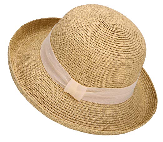Lullaby Womens Foldable UPF 50  Structured Curved Wide Brim Bucket Straw Sun Hat