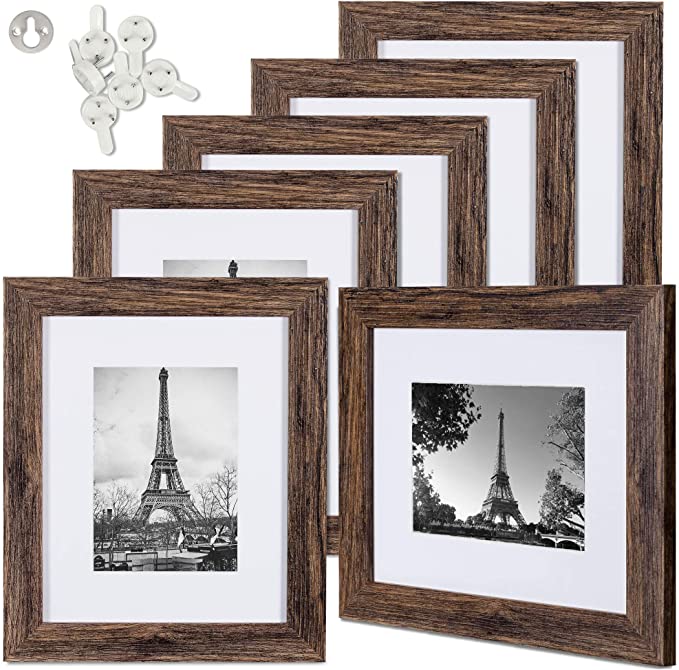 upsimples 8x10 Picture Frame Distressed Brown with Real Glass,Display Pictures 5x7 with Mat or 8x10 Without Mat,Multi Photo Frames Collage for Wall or Tabletop Display,Set of 6