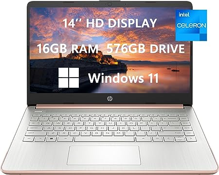 2023 Newest HP Laptops for College Student & Business, 14'' HD Computer, Intel Celeron N4120(4-core), up to 2.60 GHz, 16GB RAM, 576GB(64GB SSD 512GB Card), HDMI, Rose Gold, Windows 11, ROKC HDMI Cable