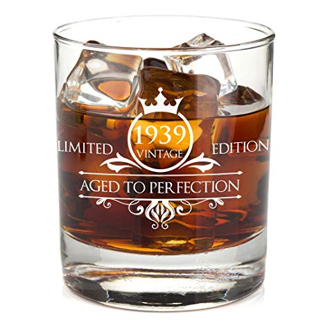 1939 80th Birthday Whiskey Glass for Men and Women - Vintage Aged To Perfection - Anniversary Gift Idea for Him, Her, Husband or Wife - Presents for Mom, Dad - 11 oz Bourbon Scotch Tumbler