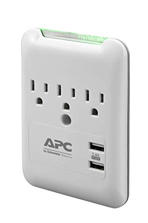 APC Wall Surge Protector, 3-Outlets, 540 Joule Surge Protector with Two 3.4A USB Charging Ports, Surgearrest Essential (PE3WU3)