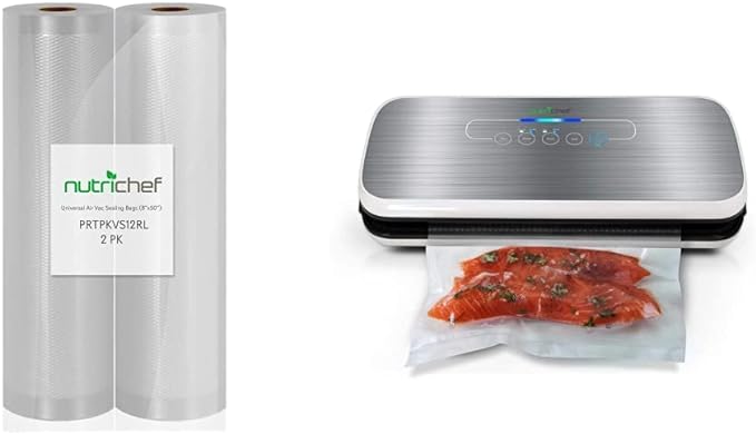 NutriChef Premium (2) Vacuum Sealer Bags - 8" x 50'' PKVS10BK, PKVS10WT, PKVS18SL, PKVS18BK, PKVS20STS, PKVS30STS w/Silver Automatic Vacuum Air Sealing System For Food Preservation w/Starter Kit