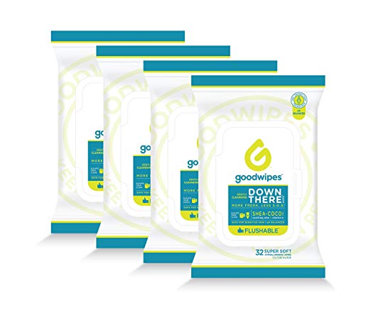 Down There Flushable Cleansing Wipes 4 Packs of 32 Wipes, 128 Total Wipes Womens Flow Pack (Shea Coco)