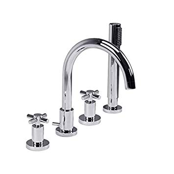 DBS 4 Four Hole Bath Shower Mixer Tap with Cross Head Handles and Chrome Modern Round Spout Handheld Shower