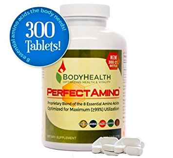 PerfectAmino (300 Tablets) 8 Essential Amino Acid Tablets with BCAA by BodyHealth™, Vegan Branched Chain Protein Pre/Post Workout, Increase Lean Muscle Mass, Boost Energy & Stamina, 99% Utilization