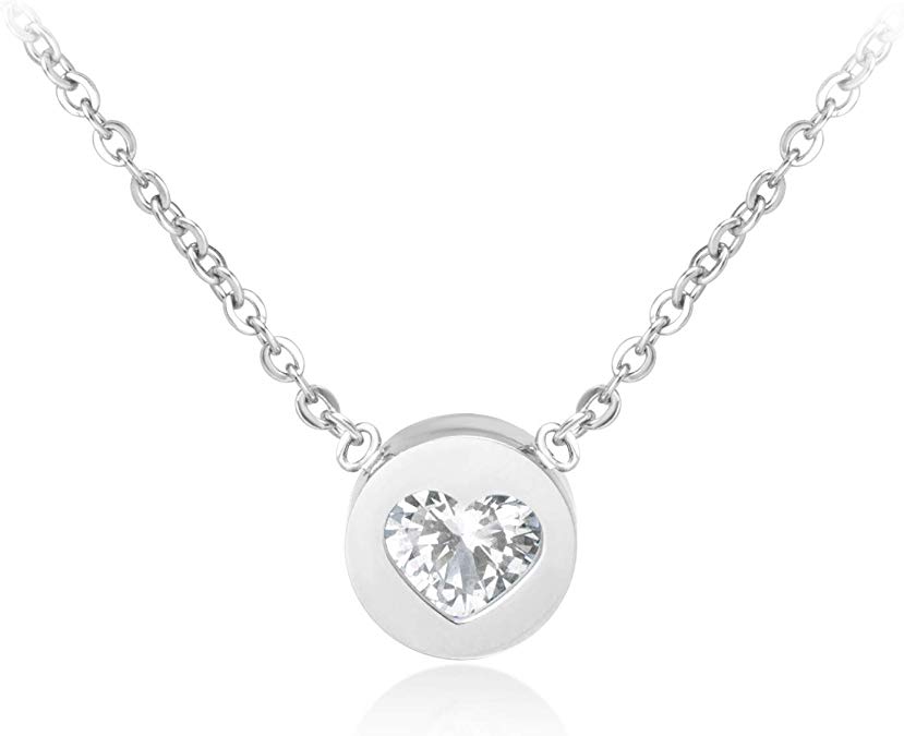 555Jewelry Womens Stainless Steel Heart CZ Engraved Round Disc Pendant Necklace