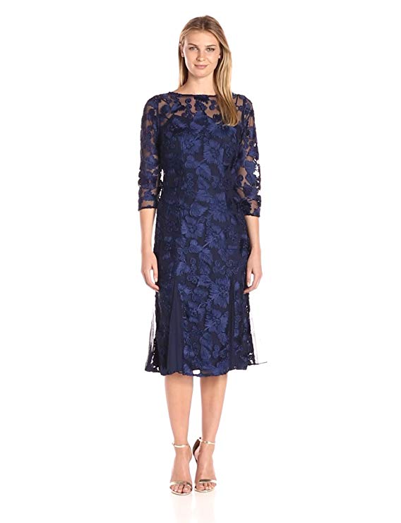 Alex Evenings Women's Tea Length Embroidered Dress with Illusion Sleeves