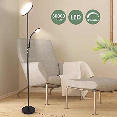 Albrillo Modern Floor Lamp - 20W Sky LED Torchiere with Flexible 5W Reading Light, Full Range Dimmable Standing Lamp, 1600   500Lumens, 3000K Warm White for Living Room, Bedroom, Office, Black