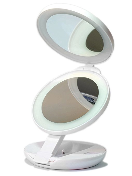 LED Lighted Travel Makeup Magnifying Mirror,Magnifies 10x and 1x, Luxury Double Side and Folding Pocket Vanity/Cosmetic Mirror (White)