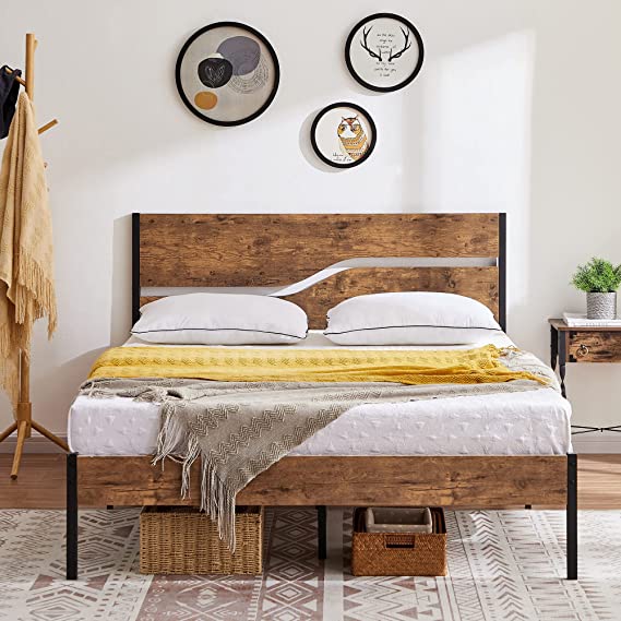 VECELO Full Size Platform Bed Frame/Mattress Foundation with Rustic Vintage Wood Headboard, Strong Metal Slats Support, No Box Spring Needed