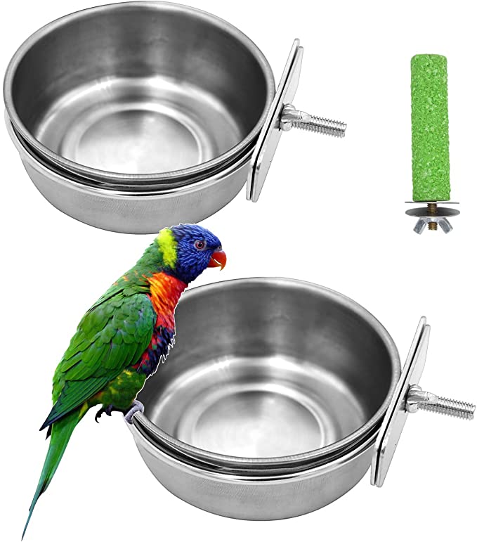2 Pack Birds Food Dish Parrot Stainless Steel Feeding Cups Bird Feeders Water Cage Bowls with Clamp Holder and 1 Pcs Bird Stand Toy for Parakeet Conure Cockatiels Lovebird Budgie Chinchilla