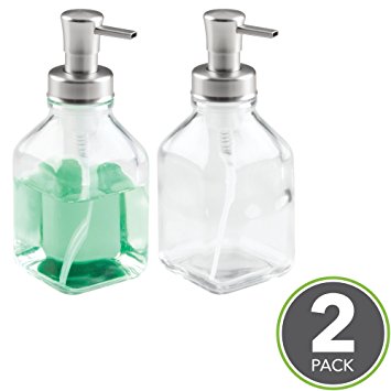 mDesign Square Foaming Glass Soap Dispenser Pumps for Kitchen Sink, Counter - Pack of 2, Clear/Brushed