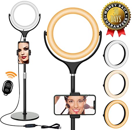 LED Ring Light with Stand & Adjustable Phone Holder, Desk Makeup Selfie Ring Light with 360°Rotation Dimmable 3 Light Modes 10 Brightness for Youtube Video, TikTok,Live Streaming and Photography