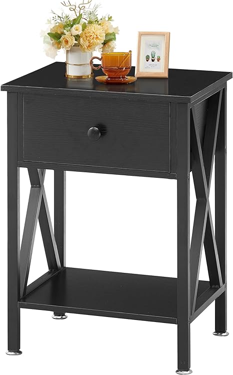 VECELO Modern Side End Table, Nightstand Storage Shelf with Bin Drawer for Living Room, Bedroom, Lounge, 15.8in11.8in21.7in, Black(1PACK)