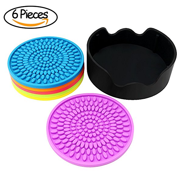 Tacobear Coasters Set for Drink 6 pcs in Holder Top Grade Silicone 4.3 inch Multicolor