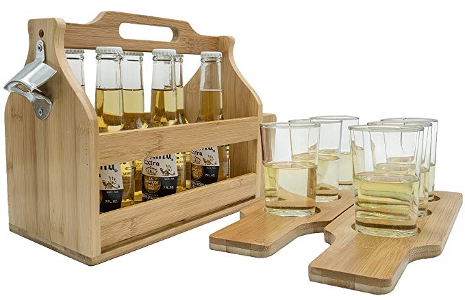 Sorbus Wooden Bottle Caddy with Opener & Sampler Boards, Drink Holder for Beer, Soda, Perfect for Bar, Pub, Restaurant, Brew Fest Party, and More, Bamboo