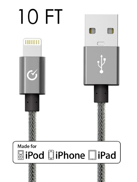 Volts Lightning Cable 10ft USB [Apple MFi Certified] Exo Nylon Braided Lightning Charger w/ Aluminum Case on USB & 8-pin Connector for Apple iPhone 6 / 6 plus, iPod, iPad & more (Exo Space Gray 10FT)