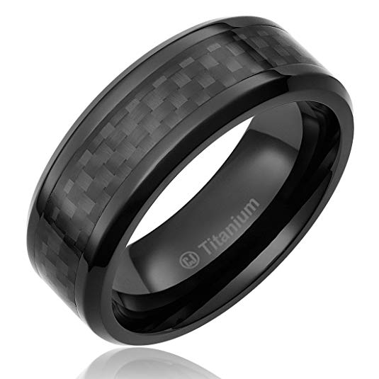 Cavalier Jewelers 8MM Mens Titanium Ring Wedding Band Black Plated with Black Carbon Fiber Inlay