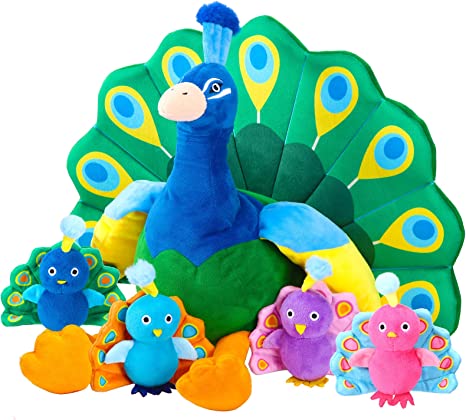 18 Inches Plush Peacock Stuffed Animal Tummy Carrier with 4 Little Plush Peacock Inside Its Zippered Tummy Peacock Cuddly Toy Soft Toy Animals for Birthday Gifts Zoo Party Decor