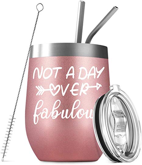 Not a Day Over Fabulous, Funny Birthday Wine Gifts Ideas for Women, Best Friend, Sister, Coworker, Wife, Mom, Daughter, Aunt, Her, 12 oz Wine Tumbler with Funny Saying