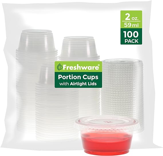 Freshware Plastic Portion Cups with Lids [2 Ounce, 100 Sets] Disposable Plastic Cups for Meal Prep, Salad Dressing, Jellos Shot Cups, Souffle Cups, Condiment and Dipping Sauce Cups