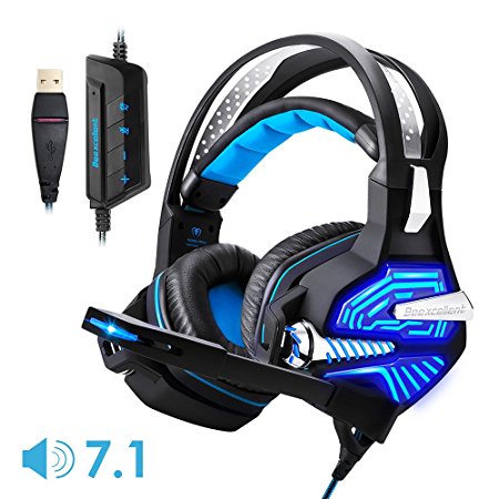 Beexcellent PC Stereo Gaming Headset USB Over Ear Gaming Headphones with Mic LED Dolby 7.1 for PS4 GM-9 (Blue)