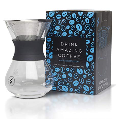 SparkPod Pour Over Coffee Maker w/Stainless Steel Paperless Filter | Ultra-Fine Micro Mesh | One Cup Carafe Dripper | Kitchen, Office, Travel | Creates Fresh, Bold Flavors