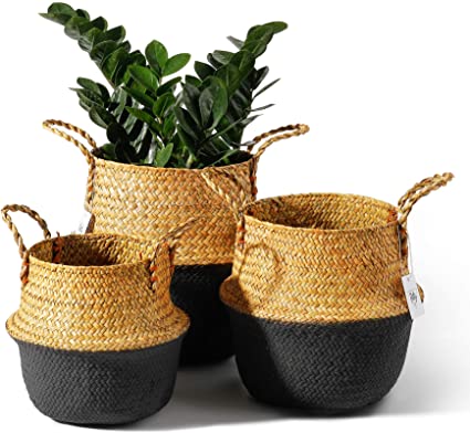 POTEY 730301 Seagrass Plant Basket Set of 3 - Hand Woven Belly Basket with Handles, Large Storage Laundry Picnic Plant Pot Cover Home Decor & Woven Straw Beach Bag (S M L, Original Black)