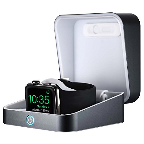 Apple Watch charger case, [NEW] COOPER WATCH POWER BOX Wireless Travel Power Bank Aluminum Charging Stand Dock Cradle Holder with Built-in 3000 mAh Battery for 38mm 42mm Apple Watch in Space Gray