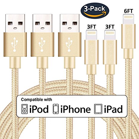 iPhone Charger, Lightning Cable, 3 Pack 3FT/3FT/6FT Charging Cables USB Charger Cord and Syncing Cord Compatible with iPhone X,8, 7, 7 Plus, 6, 6s, 6 , 5, 5c, 5s, SE, iPad, iPod, iPod Touch (Gold)