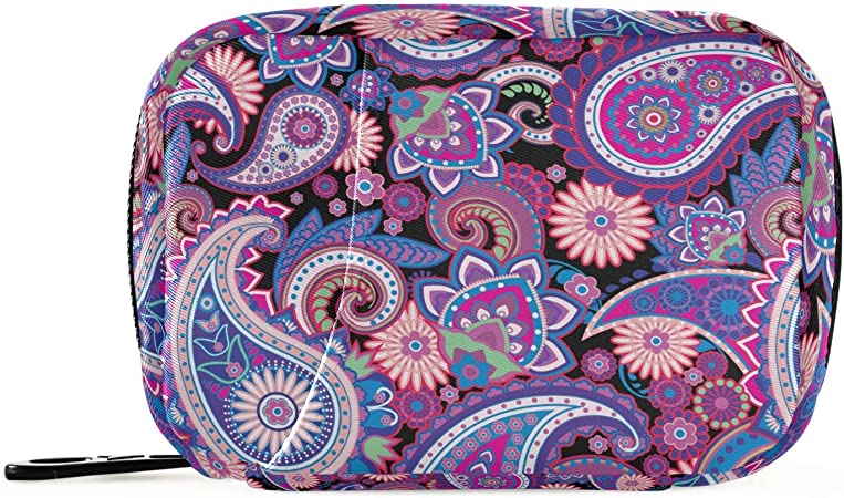 Naanle Traditional Paisley Flowers Pill Box 7 Day Case Travel Organizer Bag with Zipper Floral Portable Weekly Compact Size for Vitamin Supplement Holder, 4.6 x 3.14 x 1.88 Inch, Purple